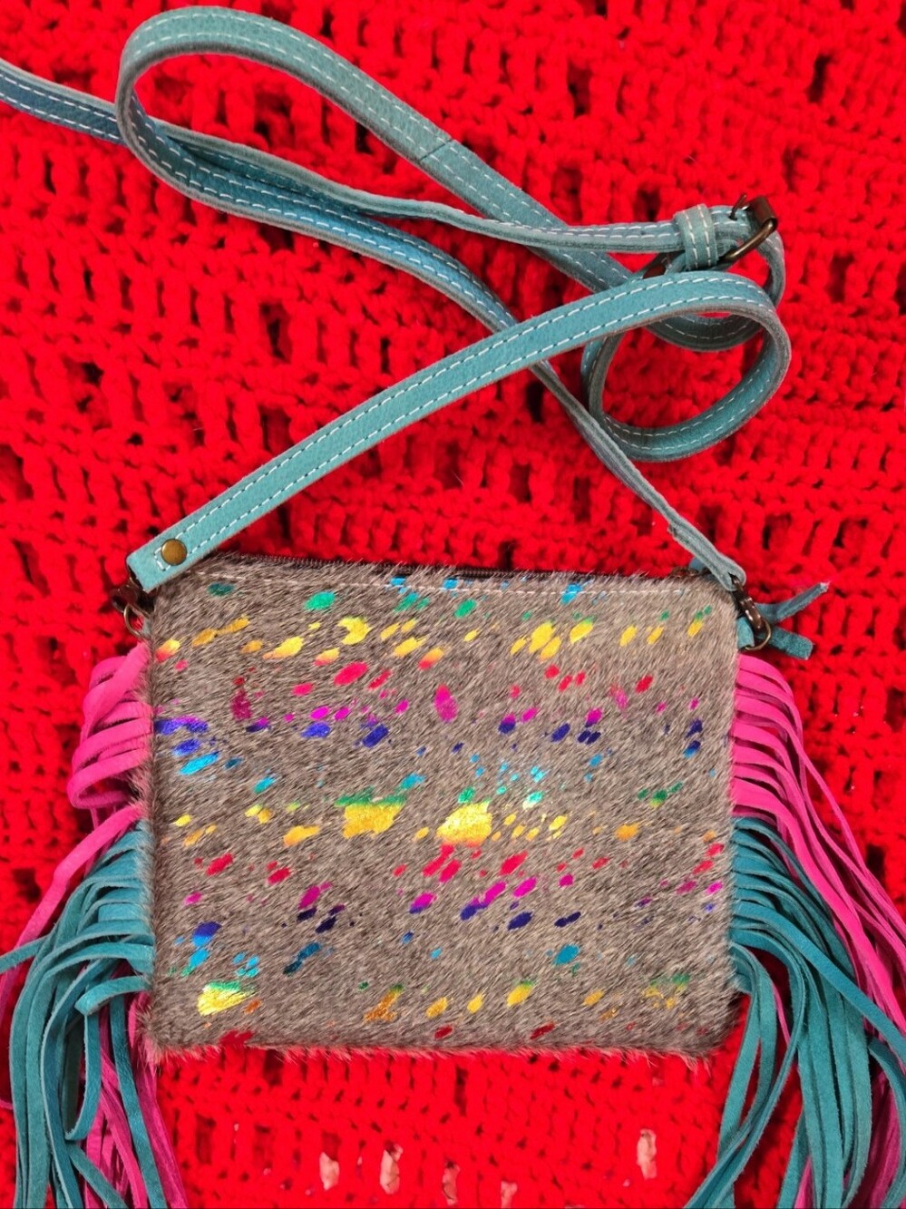 Turquoise Purse / Crossbody Fringe Cowhide  Gold Pink  Sparkle, Texas Rodeo EUC